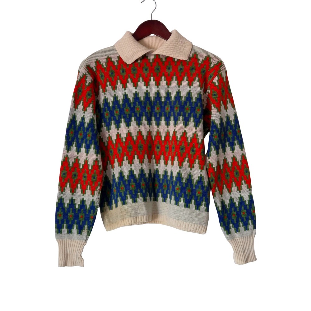 Vintage 70s Geometric Knit Polo Collar Sweater Size 44 Red Blue Cream Retro